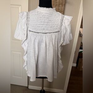 Free People White Lace-Trim Flutter Sleeve Blouse